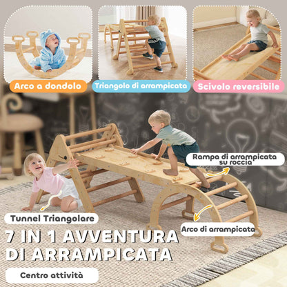 5-in-1 Children's Playground with Triangle, Smooth Wall and Arch, Made of Poplar and Pine Wood, 188x70x59 cm