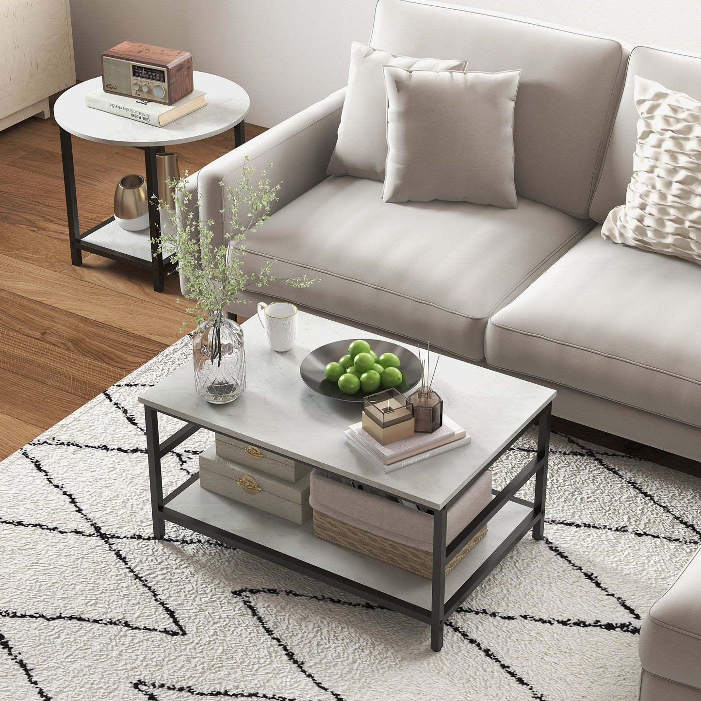 2-Tier Coffee Tables Set in Chipboard and Steel with Marble Effect Top, Black and White