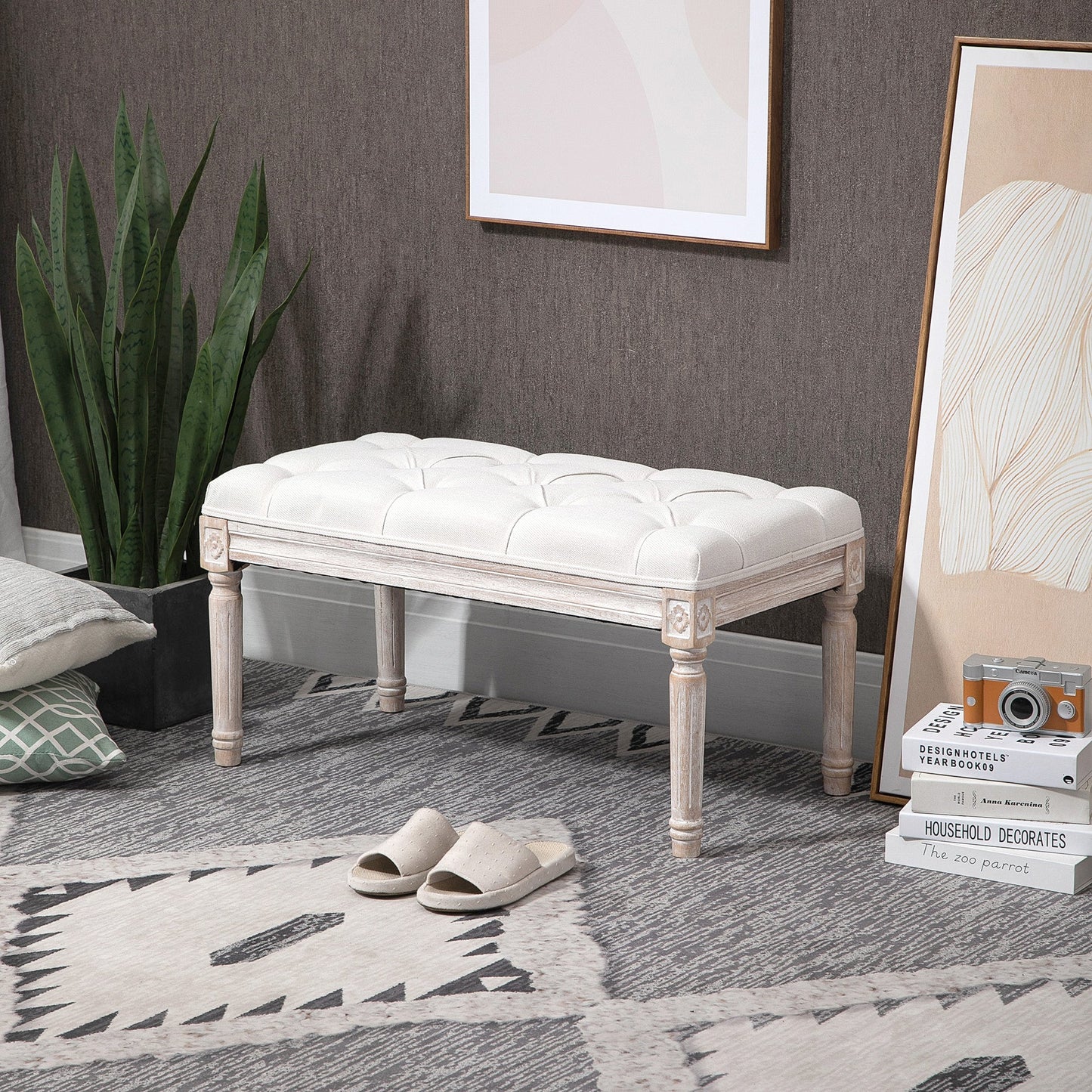 Upholstered Bed End Bench with Linen Effect Upholstery and Wooden Legs, 80x40x41cm, Beige