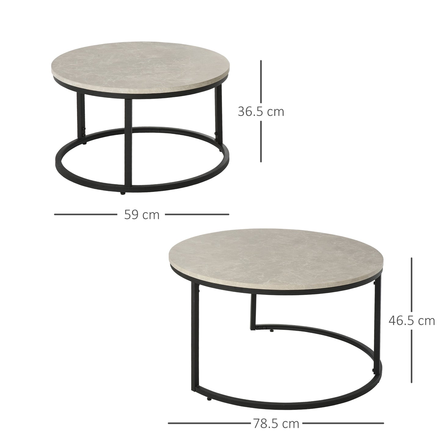 Set of 2 Round Nesting Coffee Tables in Metal and MDF with Marble Effect, Grey and Black