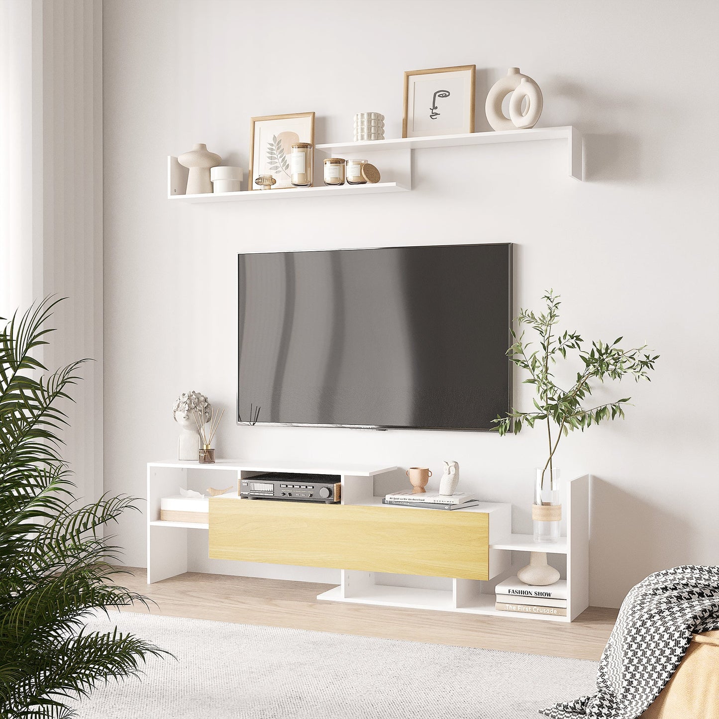 TV Cabinet with Wall Shelf, Open Shelves and Wooden Cabinet, White and Natural Wood