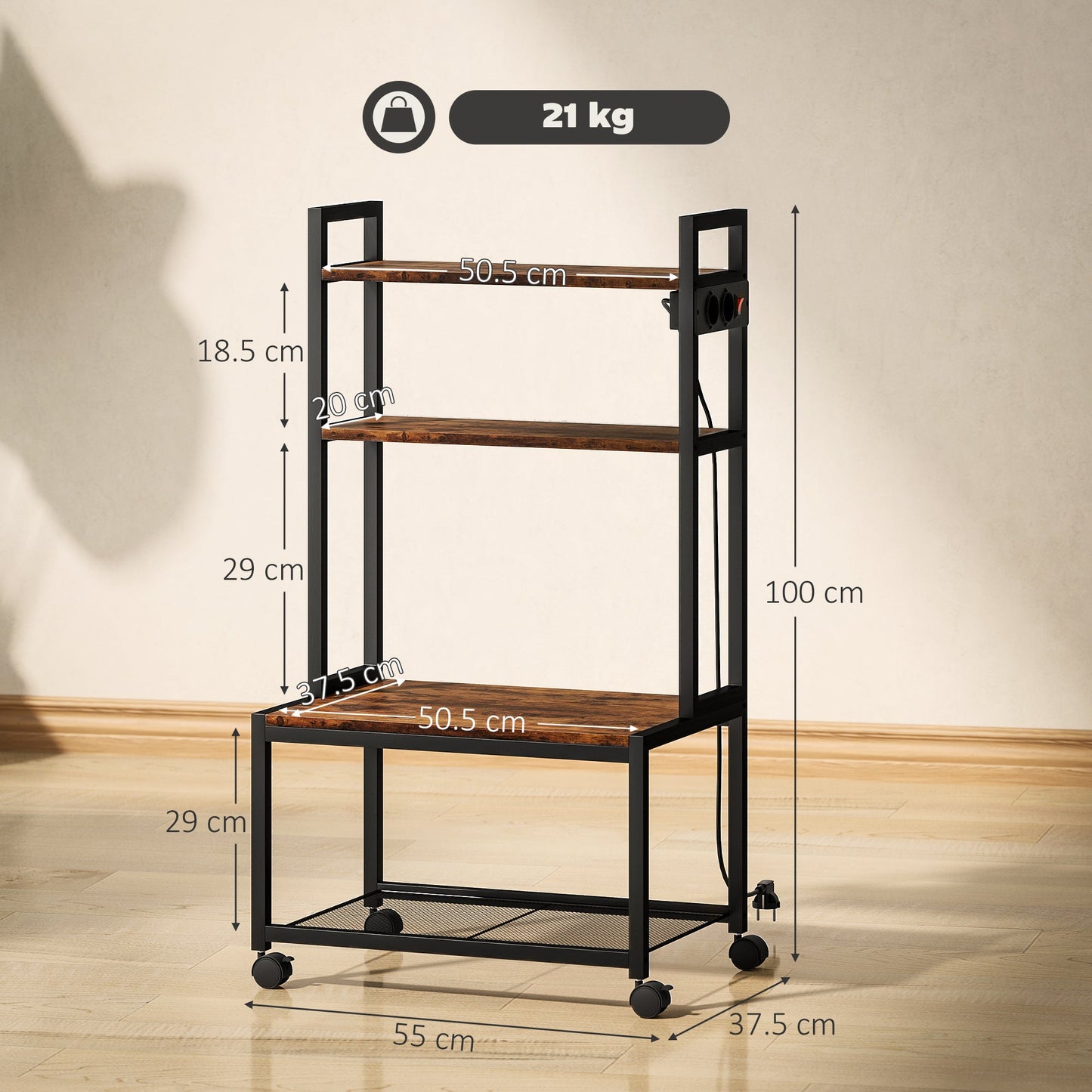 4-Tier Printer Cart with Power Outlets, Wheels and Metal Frame, 55x37.5x100 cm, Brown