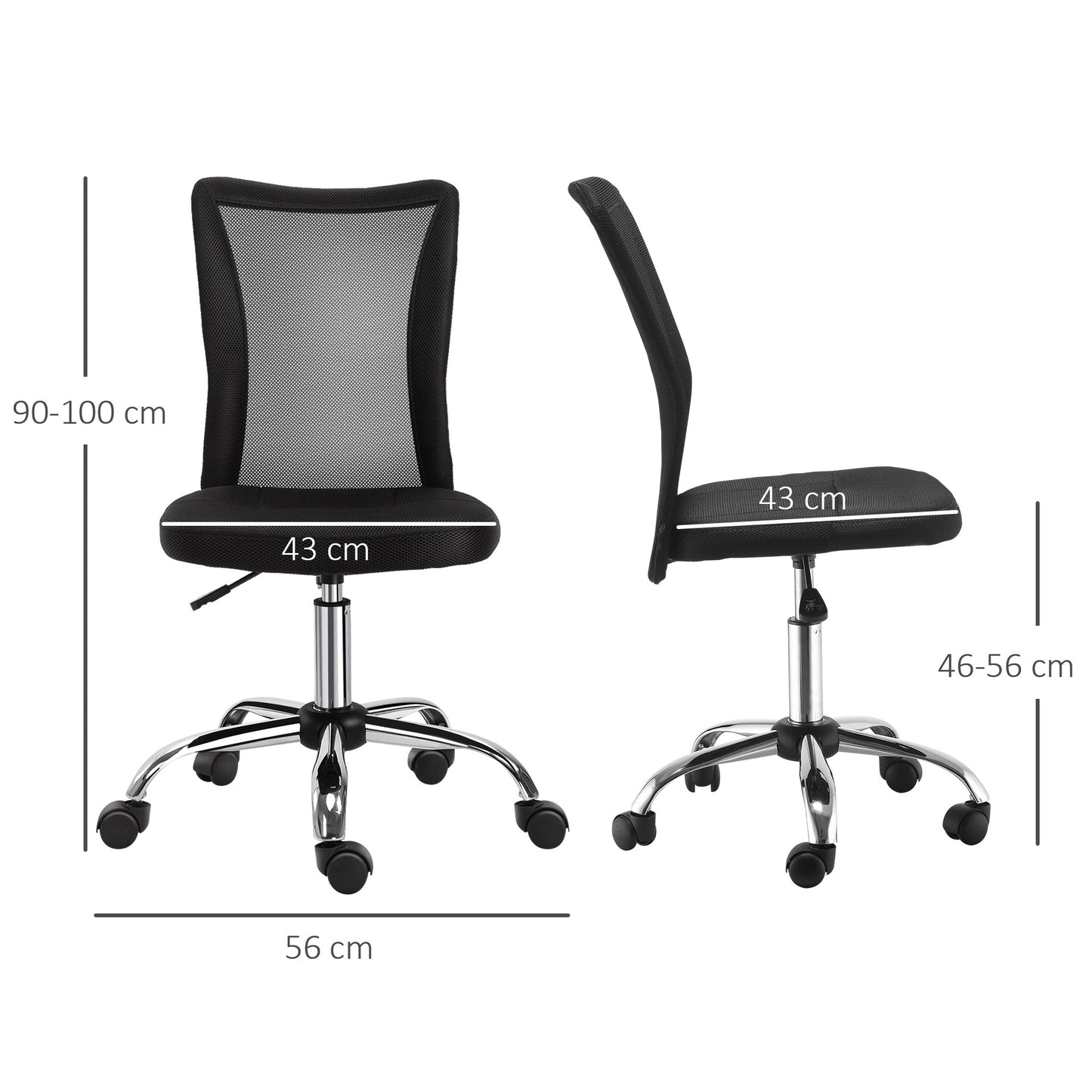 Ergonomic Office Chair Without Armrests, Breathable Mesh Fabric, Adjustable Height and 5 Wheels, 43x58x90-100cm, Black