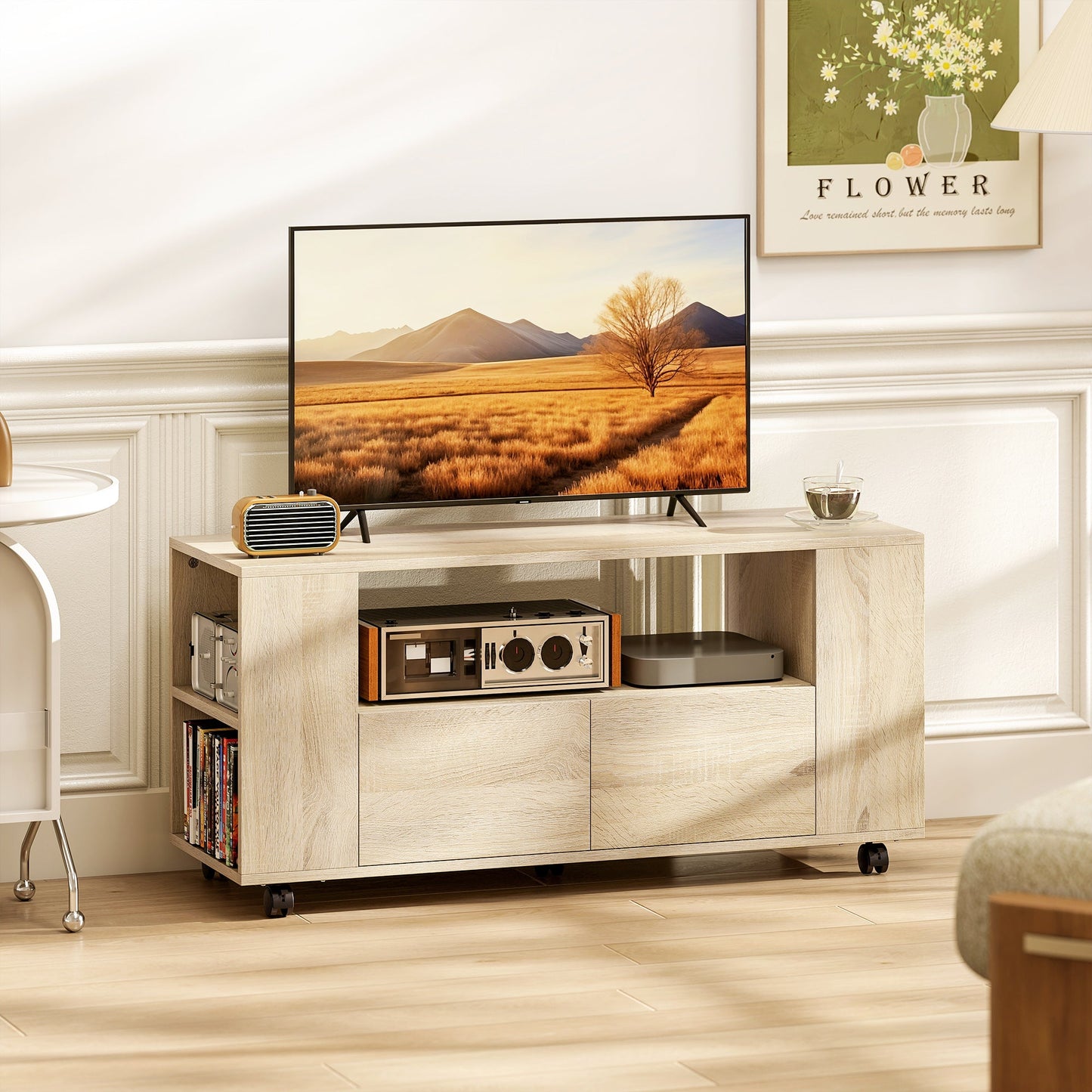 42" TV Stand with Swivel Wheels and Brake, Adjustable Shelves and Drawers, 102x34.5x48.5 cm, Wood
