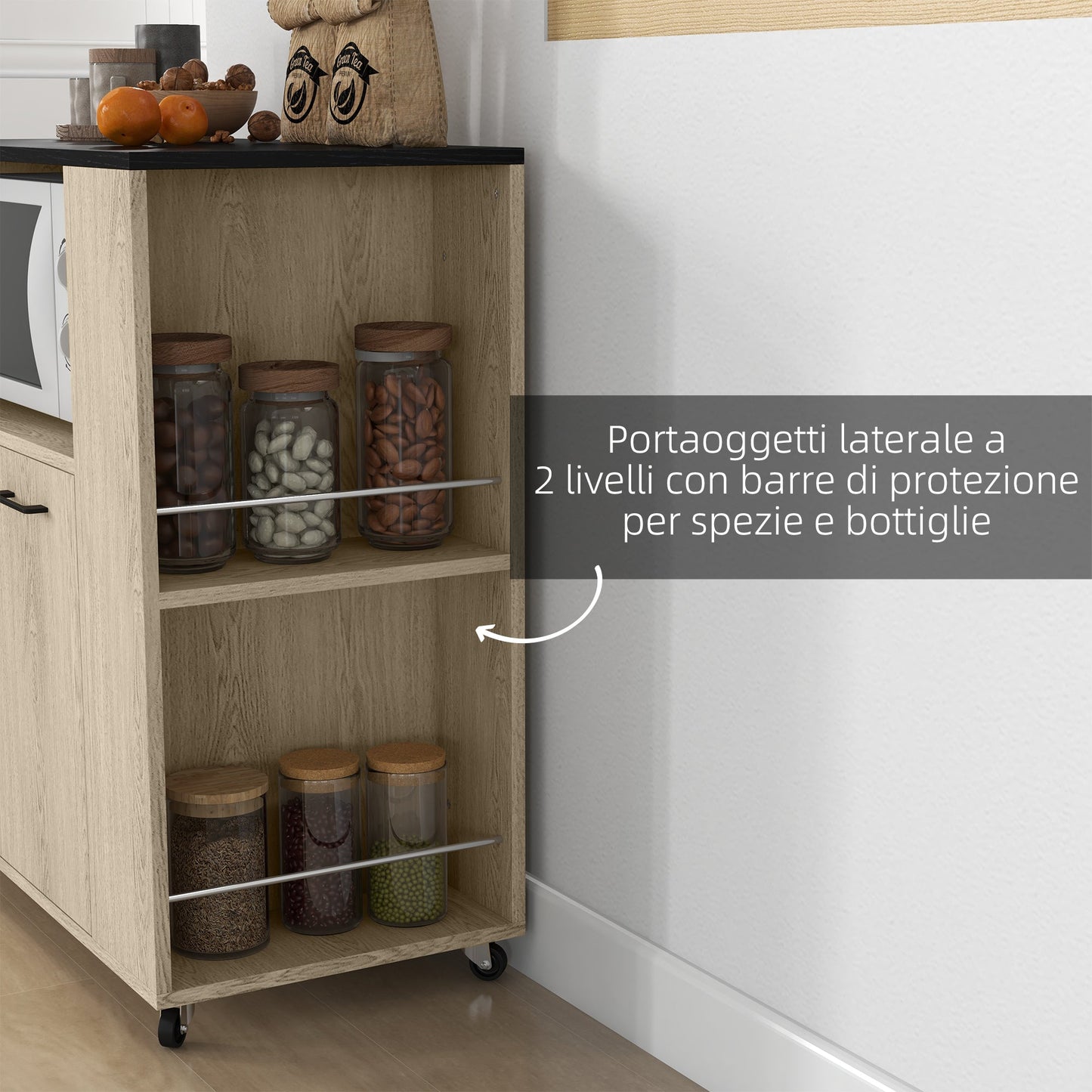 Kitchen Trolley with Open Shelf, 2-Door Cabinet and Side Shelf, 75x40x80.5 cm