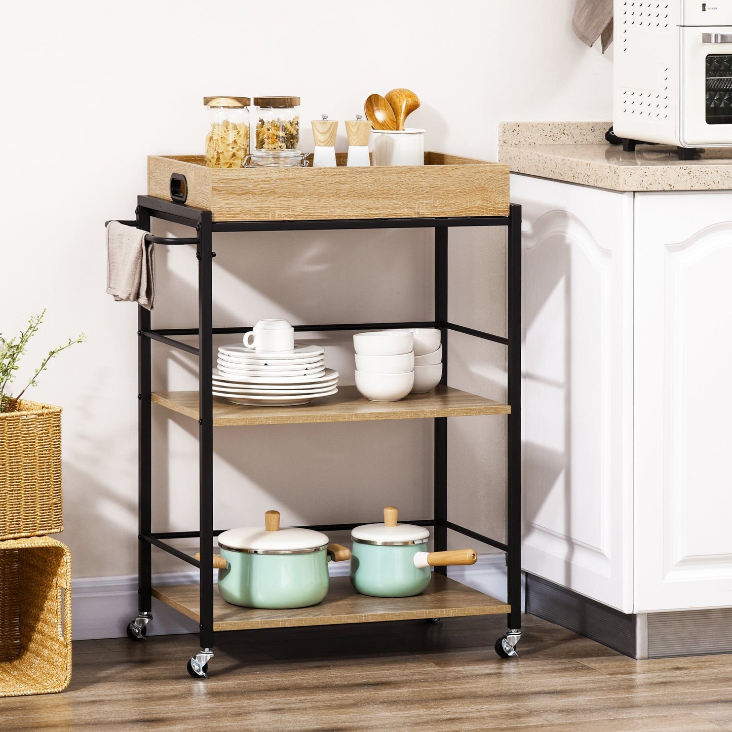 3-Tier Kitchen Cart with Removable Tray and Swivel Wheels, 72x40x94cm, Wood and Black