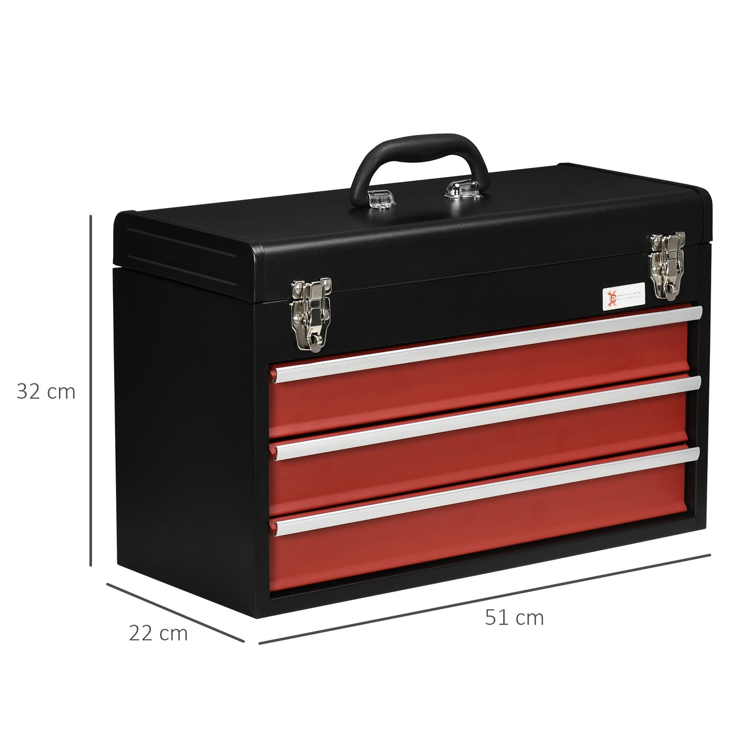 Steel Tool Box with 3 Drawers and Top Tray, 51x22x32 cm, Red and Black