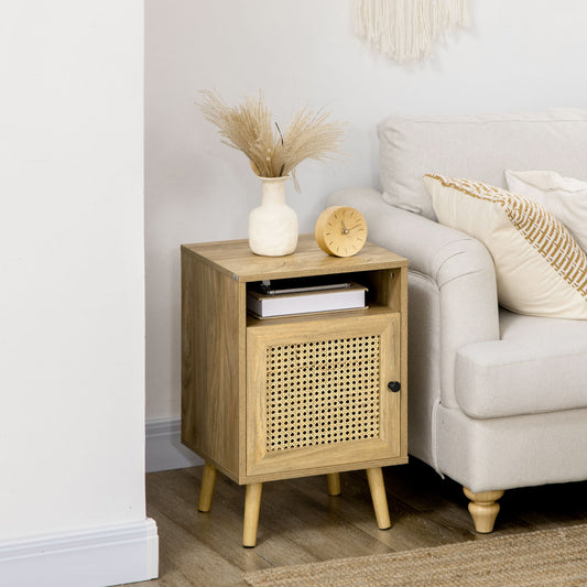 Boho Style Bedroom Bedside Table with Cabinet and Open Shelf in Wood and Rattan, 39x35x60 cm