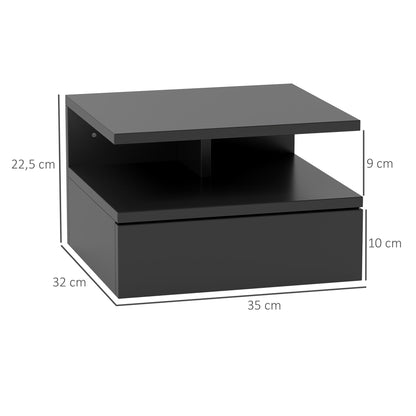 Floating Nightstand for Bedroom with Drawer and Wooden Shelf, 35x32x22.5cm, Black