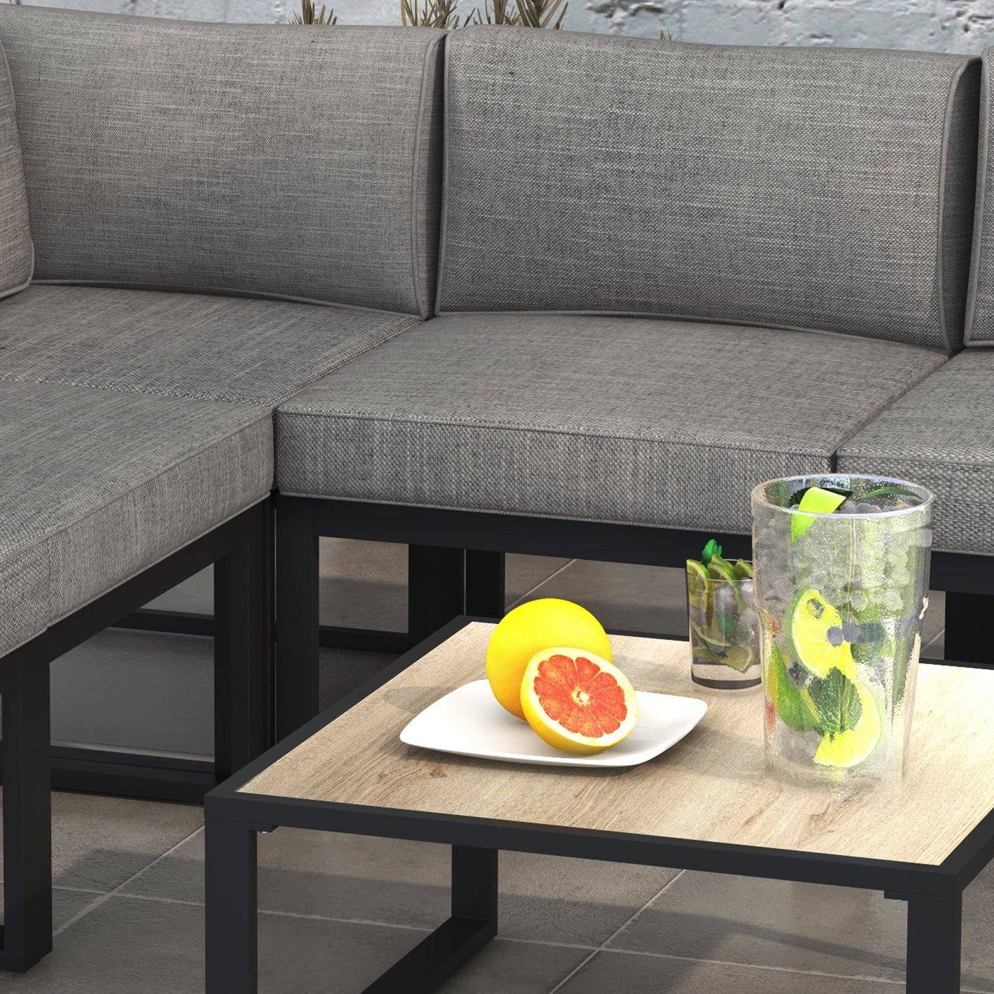 Lounge Set with Sofa and Coffee Table in Aluminum with Padded Cushions, Grey