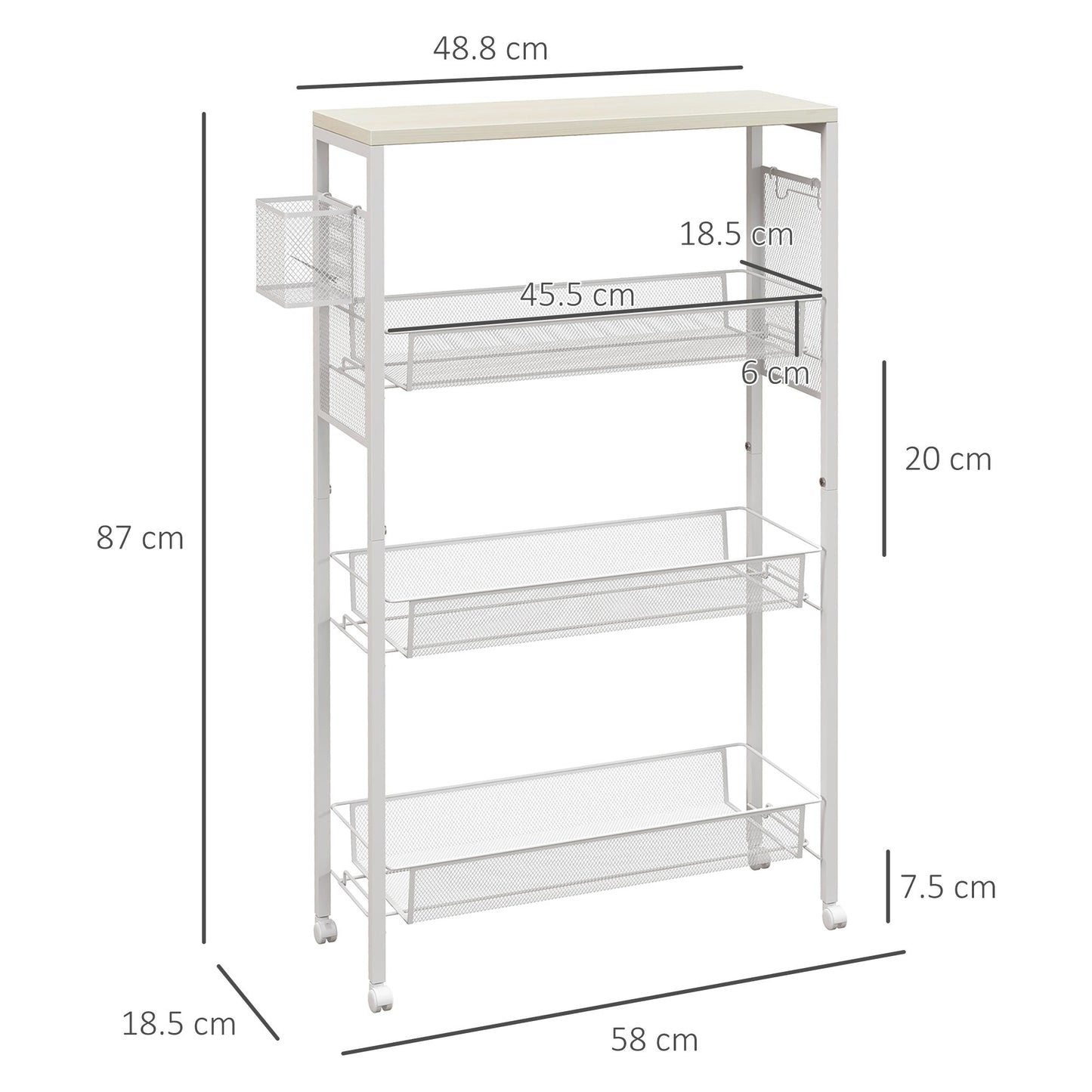 3-Tier Kitchen Trolley with Side Basket and Hook, Chipboard and Steel, 58x18.5x87 cm