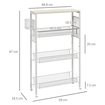 3-Tier Kitchen Trolley with Side Basket and Hook, Chipboard and Steel, 58x18.5x87 cm