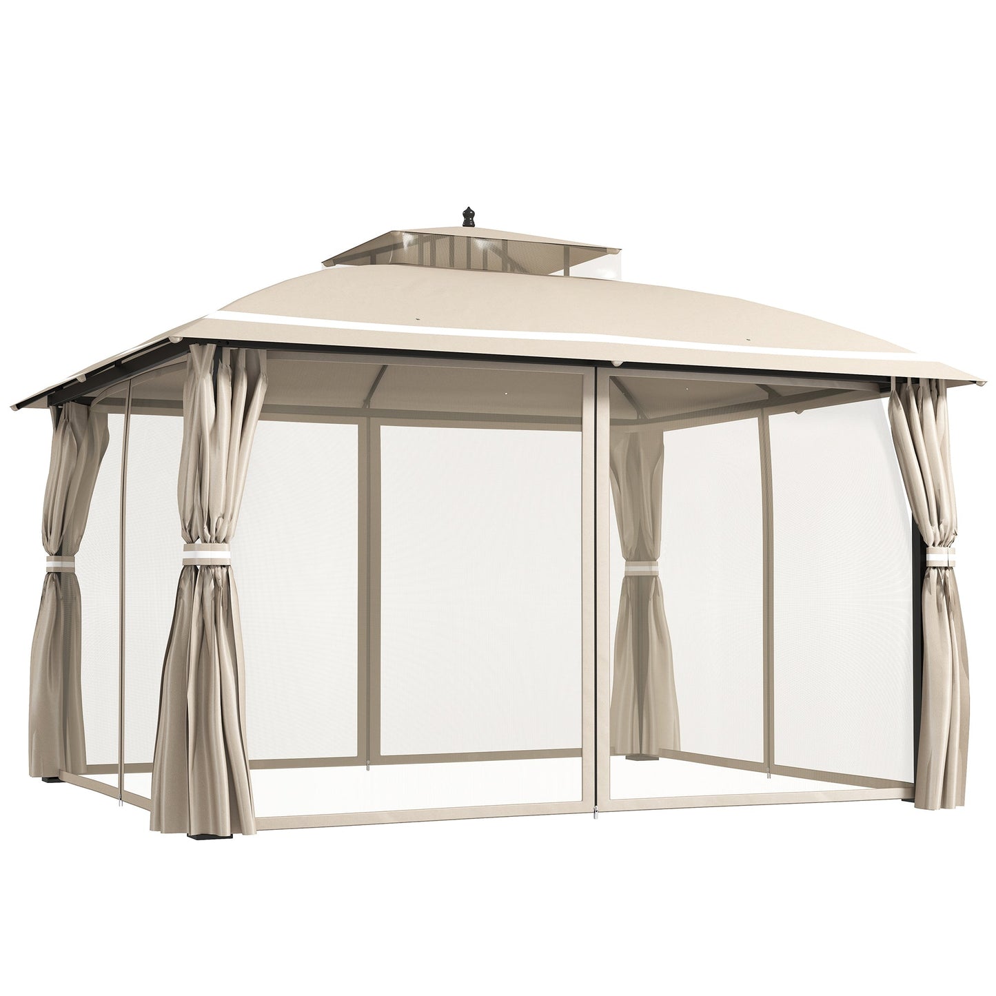 Garden Gazebo 3.7 x 3 m with Mosquito Net, Side Curtains and Double Roof, Beige