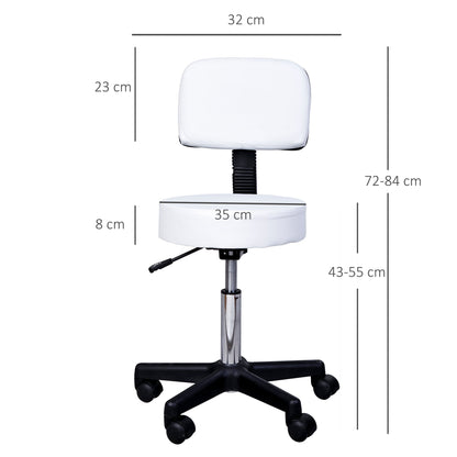 Swivel Stool with Backrest, Adjustable Height and 5 Wheels in White PU Leather for Home or Shop