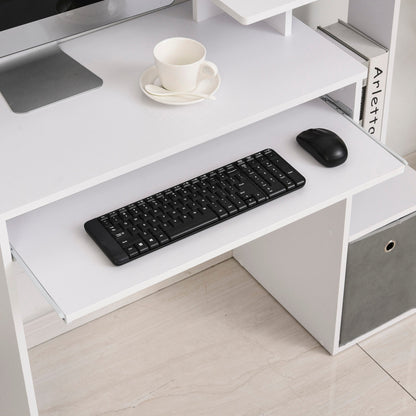 Modern PC Desk with Keyboard Shelf, Fabric Shelf and Drawer, Wooden, 100x40x86.6cm, White