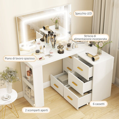 Dressing Table with Mirror and Adjustable LED Lights, 6 Drawers, 2 Shelves and Electrical Sockets, White