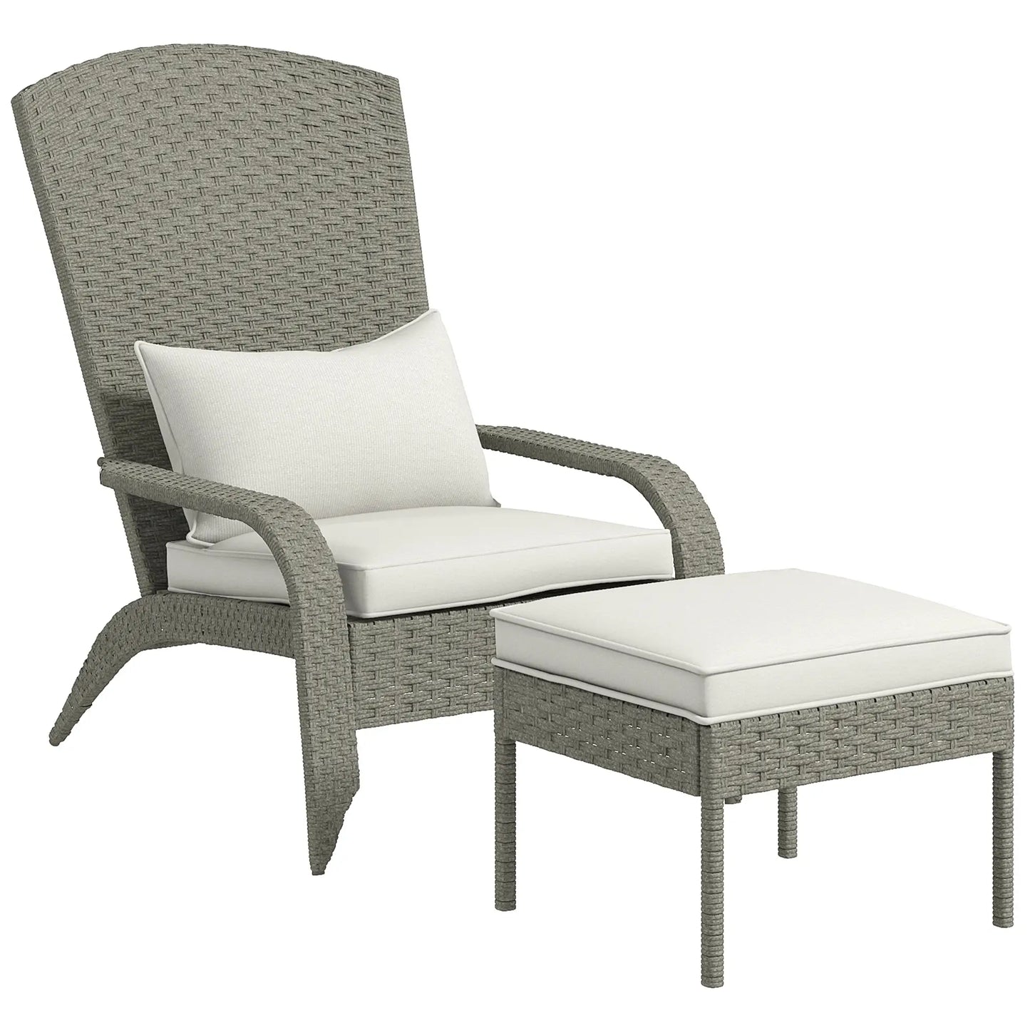 Garden Chair with Footrest and Padded Cushions, in Rattan and Steel, 64x82x89 cm, Grey and Cream