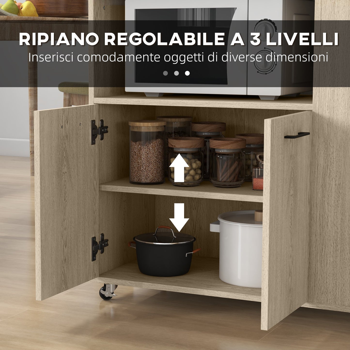 Kitchen Trolley with Open Shelf, 2-Door Cabinet and Side Shelf, 75x40x80.5 cm