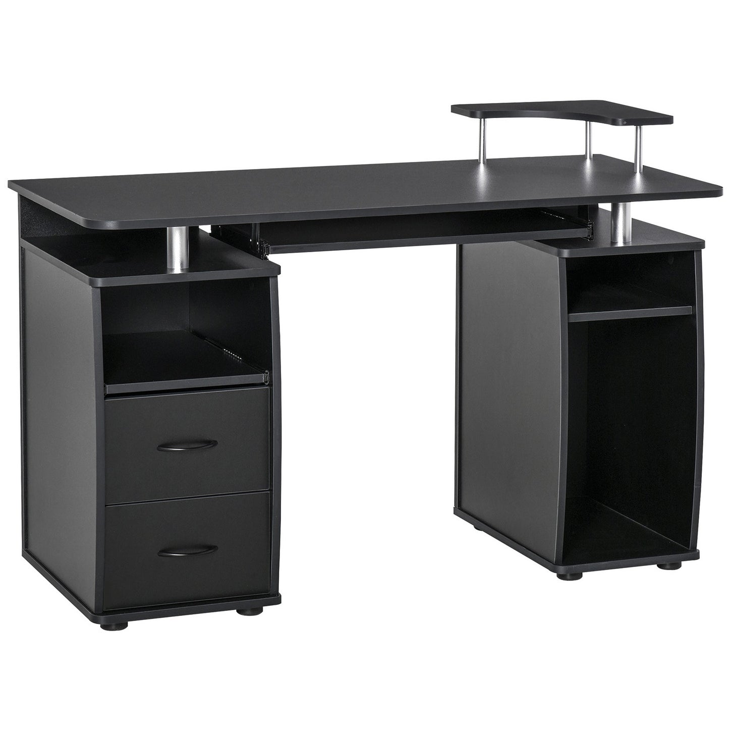 Wooden desk with drawers, removable shelf and raised black shelf