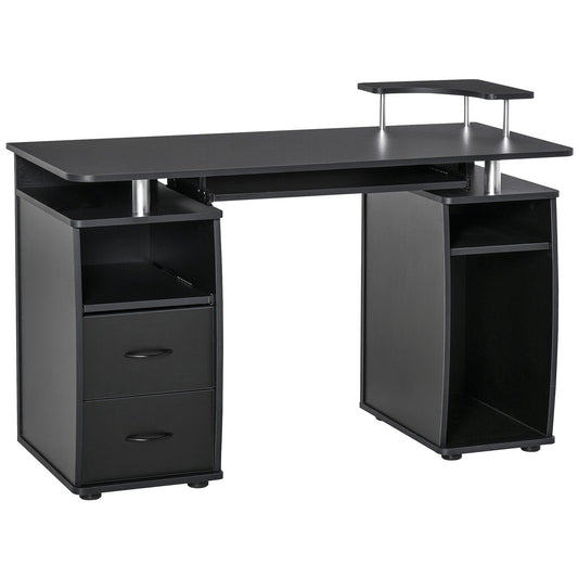 Wooden desk with drawers, removable shelf and raised black shelf