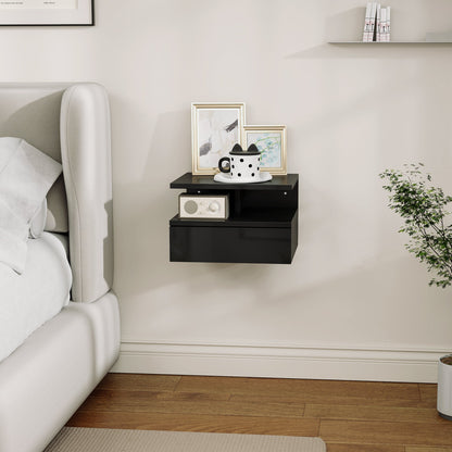 Floating Nightstand for Bedroom with Drawer and Open Shelf in Wood, 35x32x22.5 cm, Glossy Black