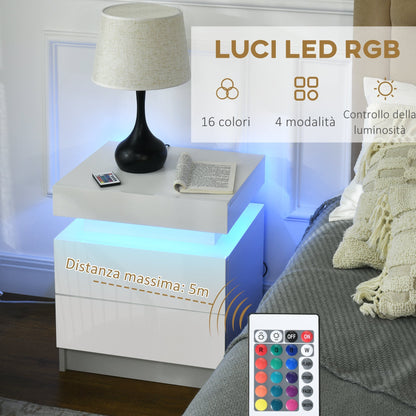 Bedside Table with Built-in RGB LED Light with 2 Drawers, 4 Light Modes and 16 Colors, Chipboard, 45x35x52cm, White