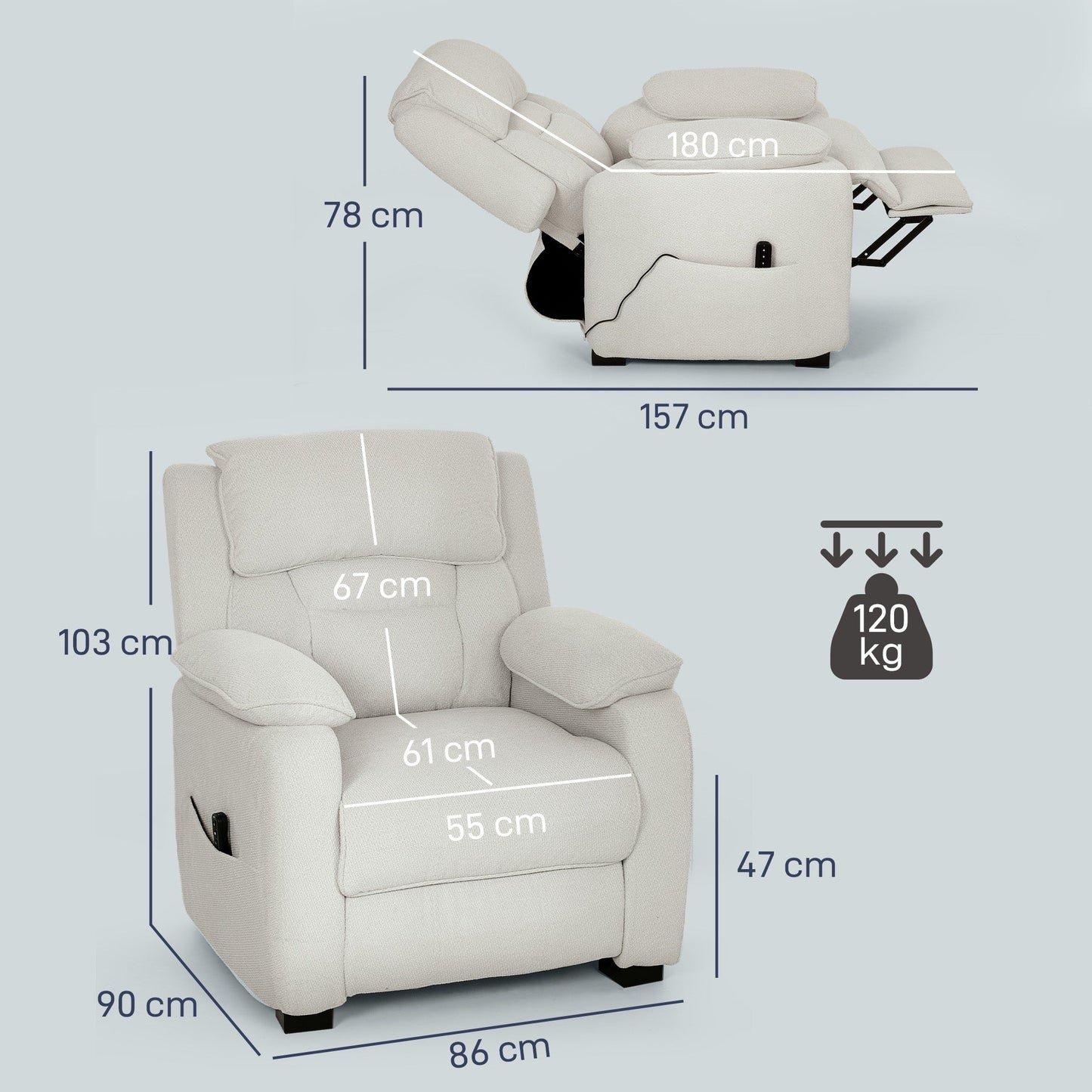 150° Reclining Velvet Armchair with Footrest, Remote Control and Side Pocket, 96x90x103 cm, Beige