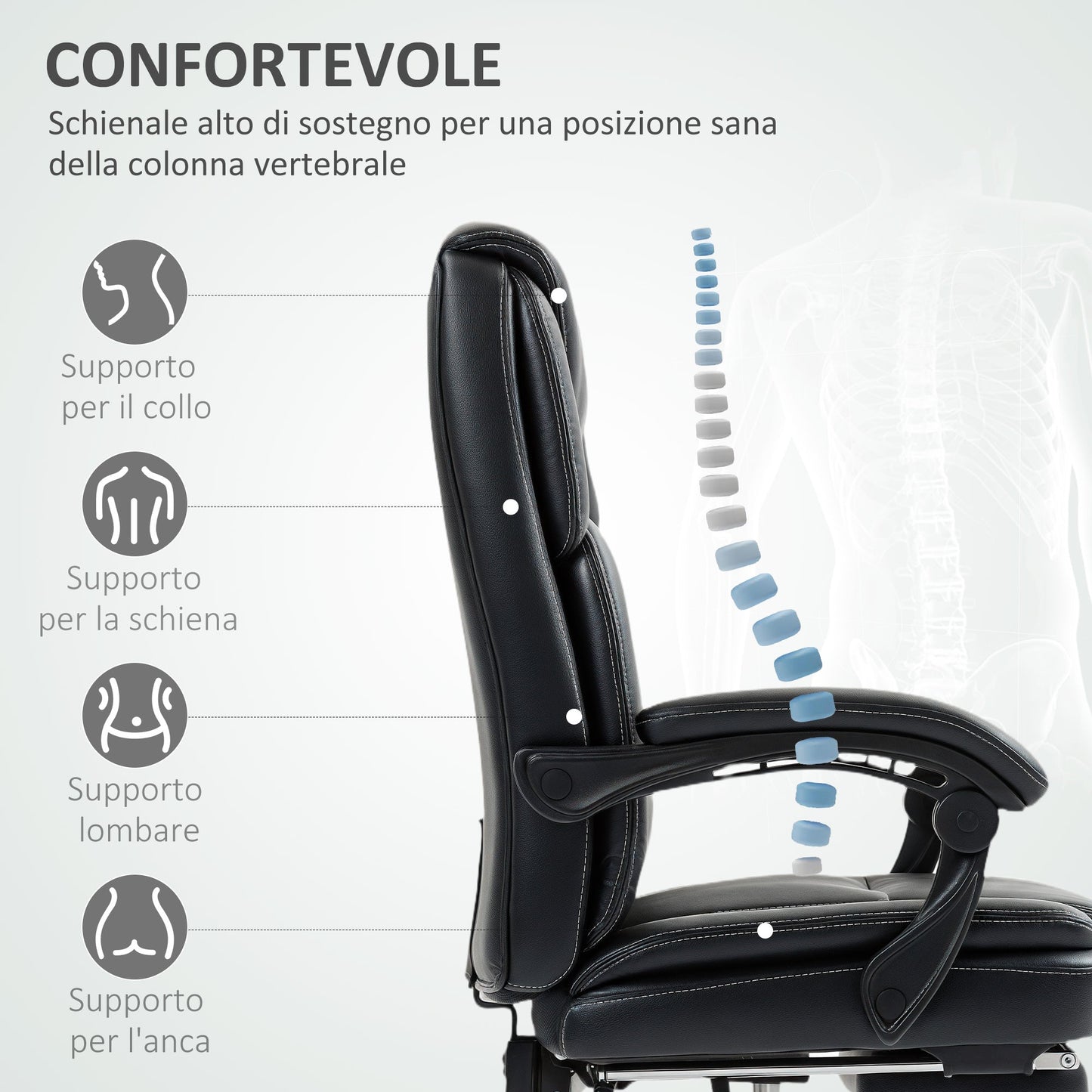 Reclining Office Chair with Pull-Out Footrest, PU Leather, 120 kg Capacity, Black
