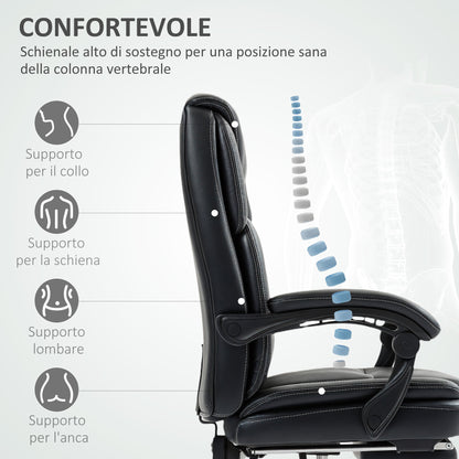 Reclining Office Chair with Pull-Out Footrest, PU Leather, 120 kg Capacity, Black