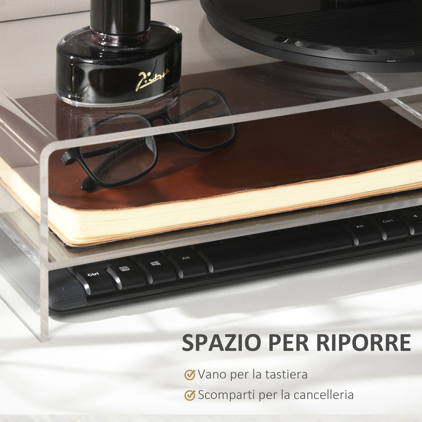 24" Max PC Monitor Stand with 2 Open Shelves, Transparent Acrylic, 50.8x19x12 cm