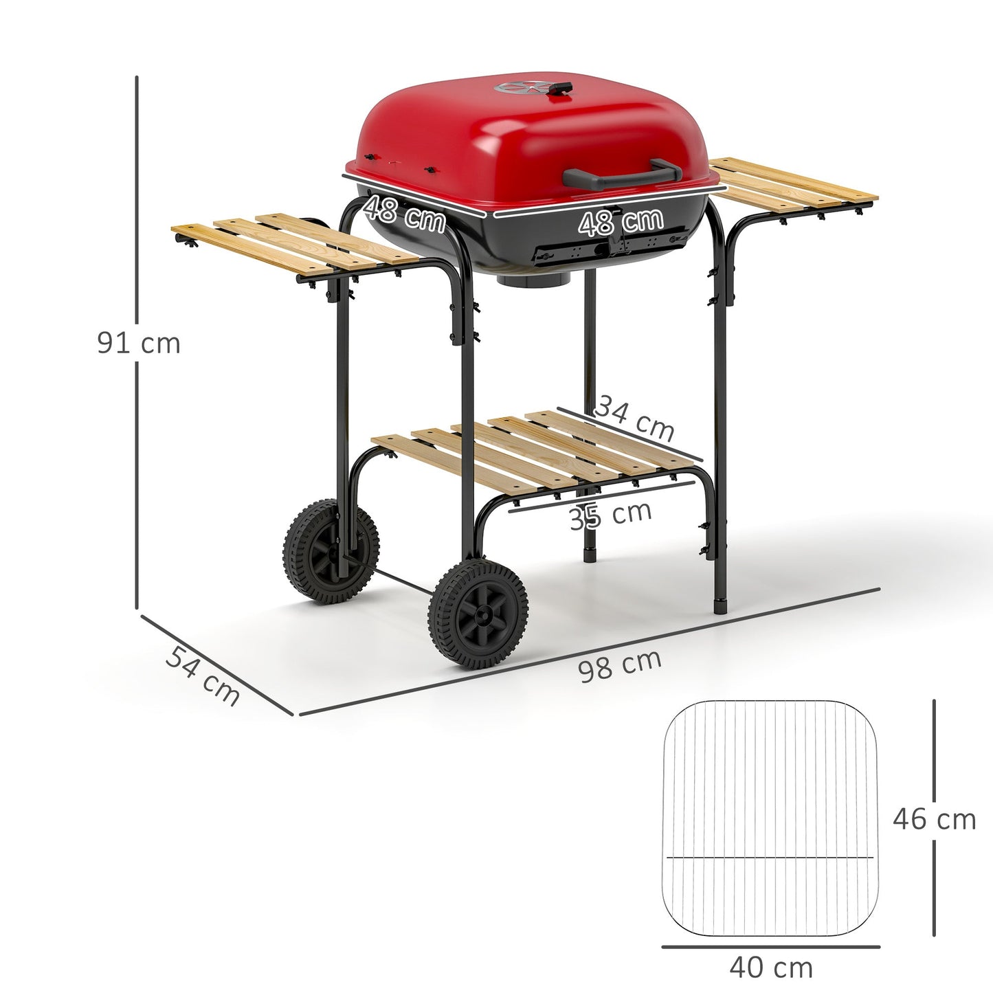 3-Tier Charcoal Barbecue with Wheels, Adjustable Air Vent Lid, Red