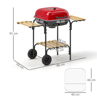 3-Tier Charcoal Barbecue with Wheels, Adjustable Air Vent Lid, Red