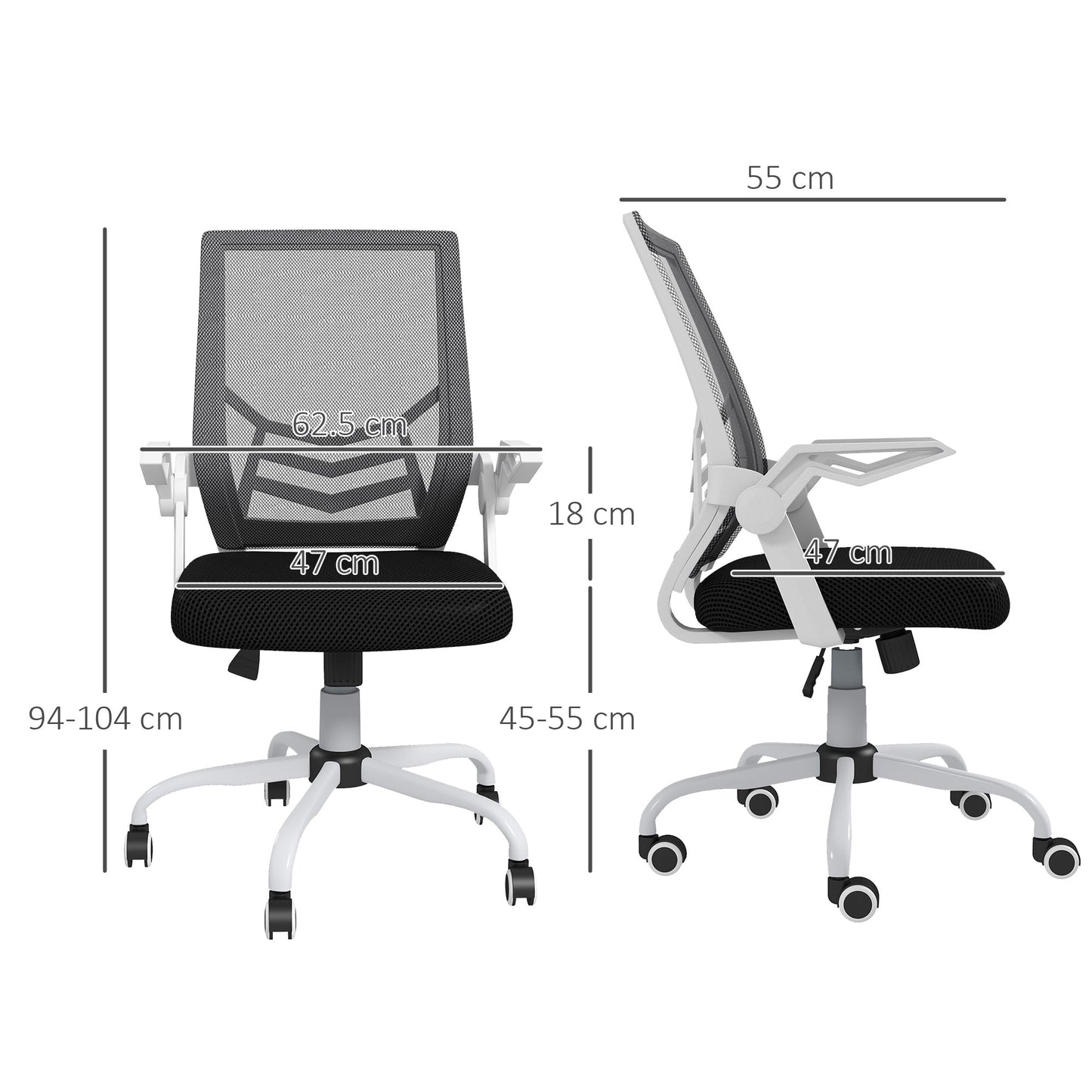 Ergonomic Office Chair with Adjustable Height, in Linen Effect Fabric, 62.5x55x94-104 cm, Black and White
