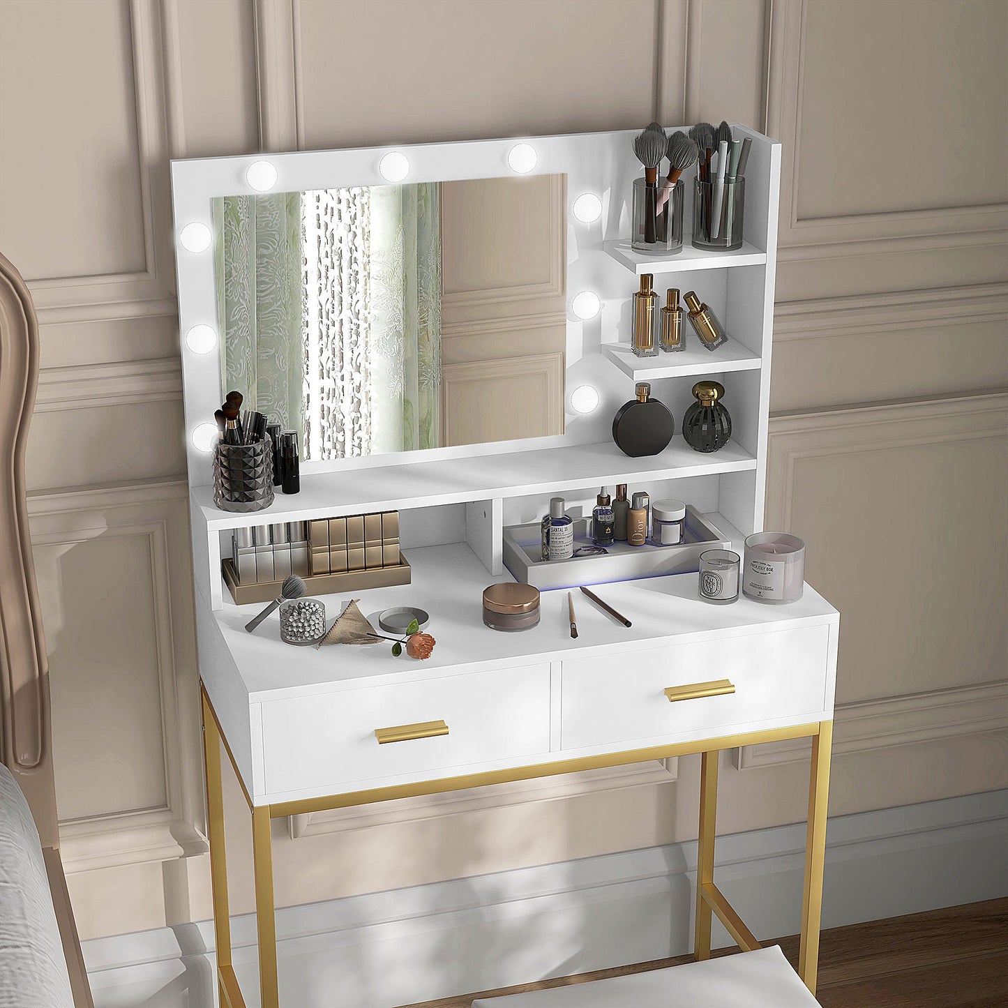 Vanity Makeup Table with Mirror, 2 Drawers, 5 Shelves and Stool, in MDF and Chipboard, 80x40x138 cm, White