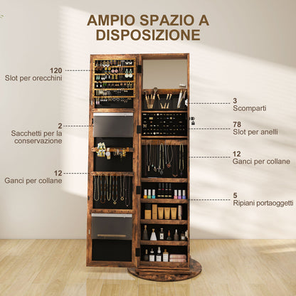 360° Swivel Floor-Standing Jewelry Mirror with Shelves and Key Lock, 55x55x161 cm, Rustic Brown