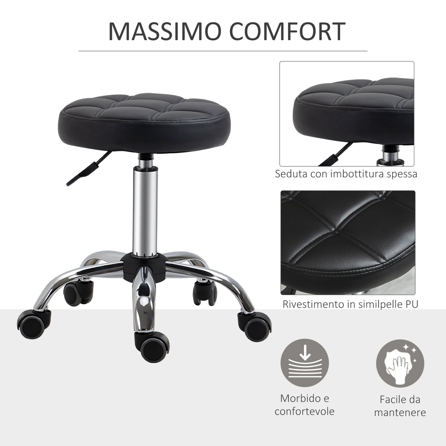 Black Beauty / Tattoo Round Swivel Stool with Wheels, Adjustable Height and Eco Leather Cover, Black