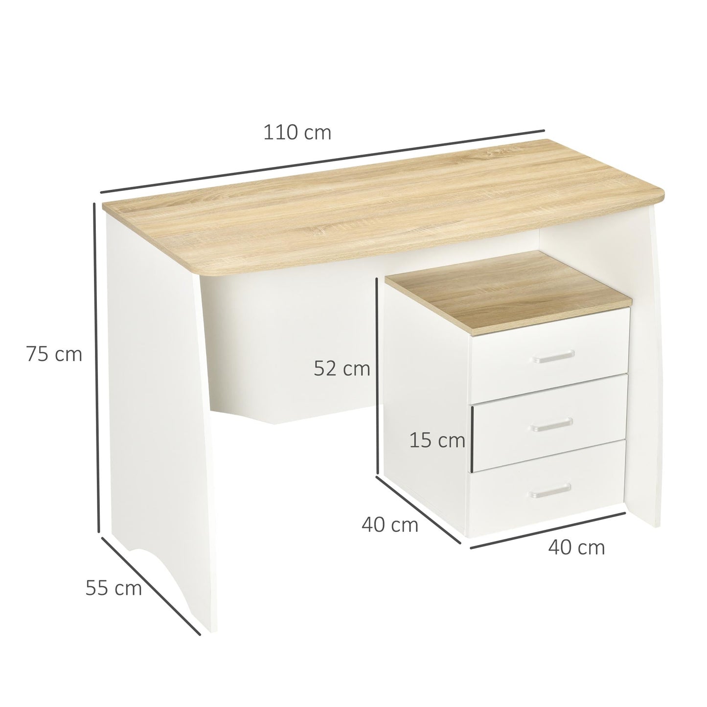 desk with modern wooden chest of drawers, pc desk for room and office, 110x55x75cm