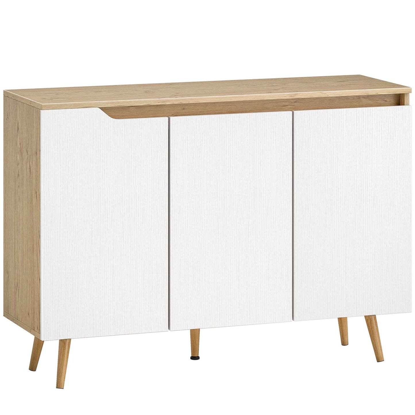 Modern 3-Door Sideboard with 3 Adjustable Shelves and 5 Wooden Legs, 107x35x76.5 cm, White and Oak