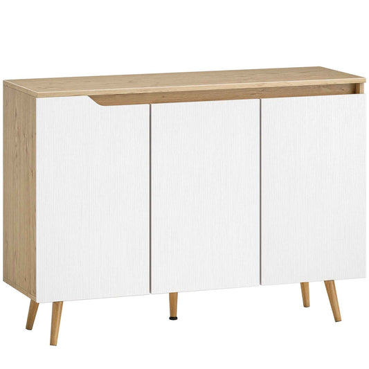 Modern 3-Door Sideboard with 3 Adjustable Shelves and 5 Wooden Legs, 107x35x76.5 cm, White and Oak