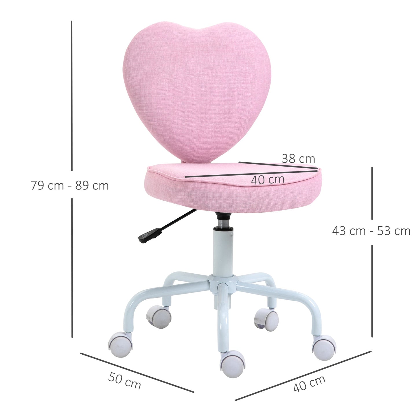 Heart-Shaped Desk Chair with 5 Wheels and Adjustable Height in Pink Fabric, 40x50x79-89cm