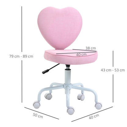 Heart-Shaped Desk Chair with 5 Wheels and Adjustable Height in Pink Fabric, 40x50x79-89cm