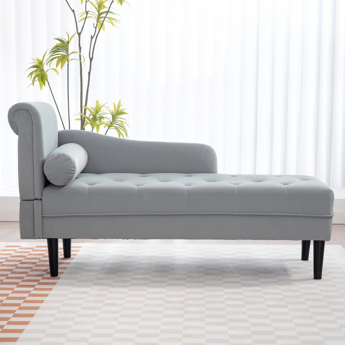 Chaise Longue with Quilted Velvet Effect Covering in Grey, Solid Wood and Sponge, 146x61x82.5 cm