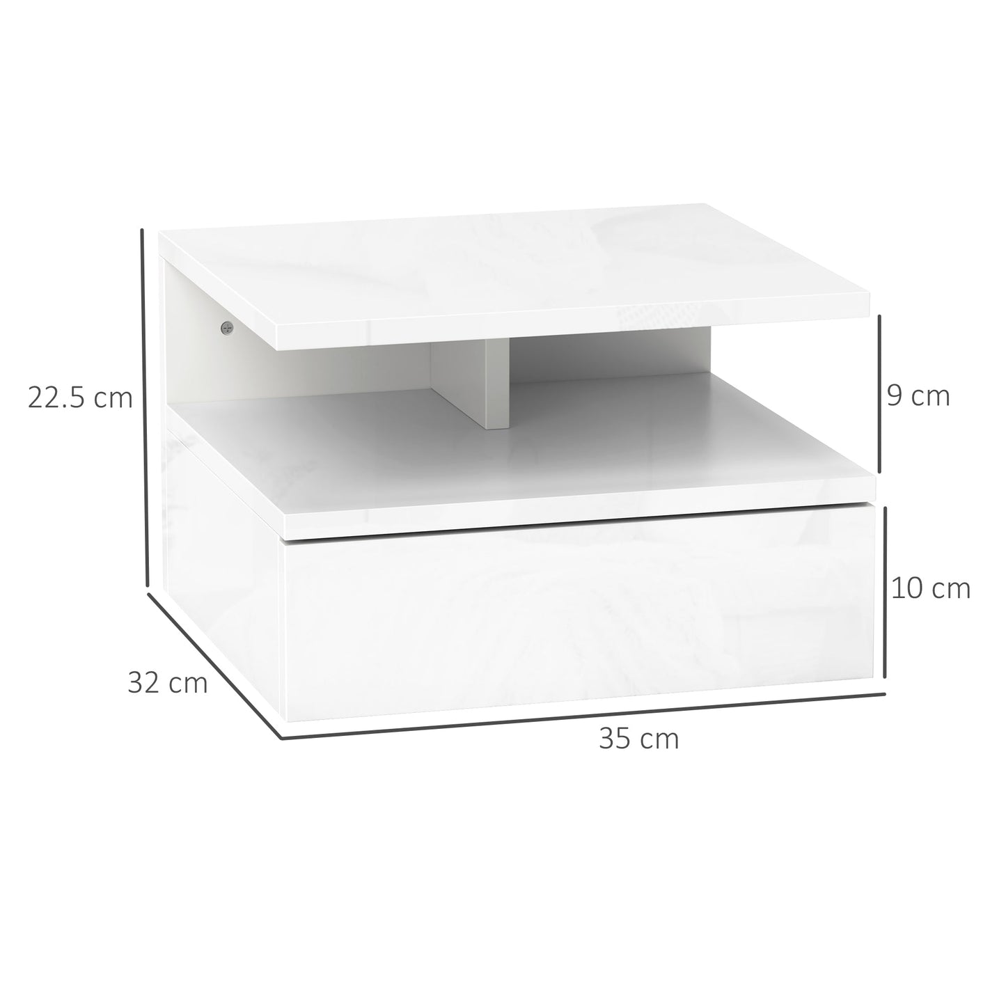 Floating Nightstand for Bedroom with Drawer and Open Shelf in Wood, 35x32x22.5 cm, White