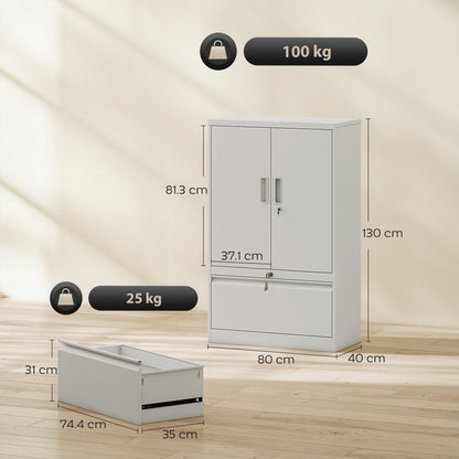 Steel Office Cabinet with Adjustable Internal Shelf and Drawer, 80x40x130 cm, White