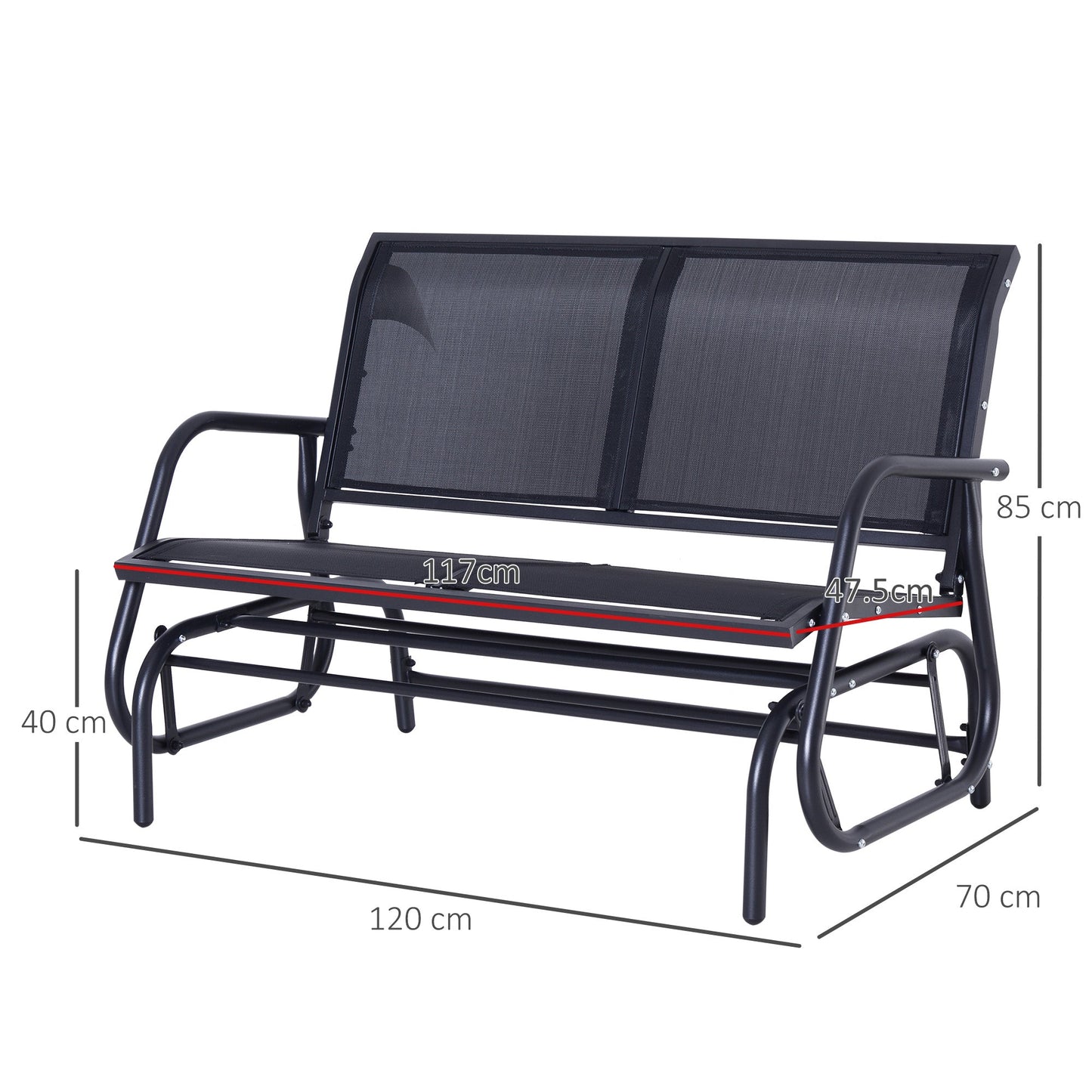 2-Seater Garden Swing Bench in Metal and Breathable Mesh Fabric, 120x70x85cm, Black