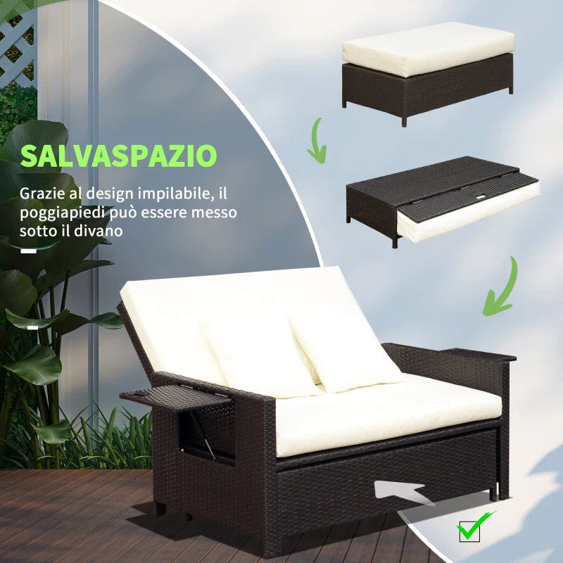 Modular Garden Sofa with Bench, Brown Rattan Garden Furniture, Space-Saving 2-Piece Set