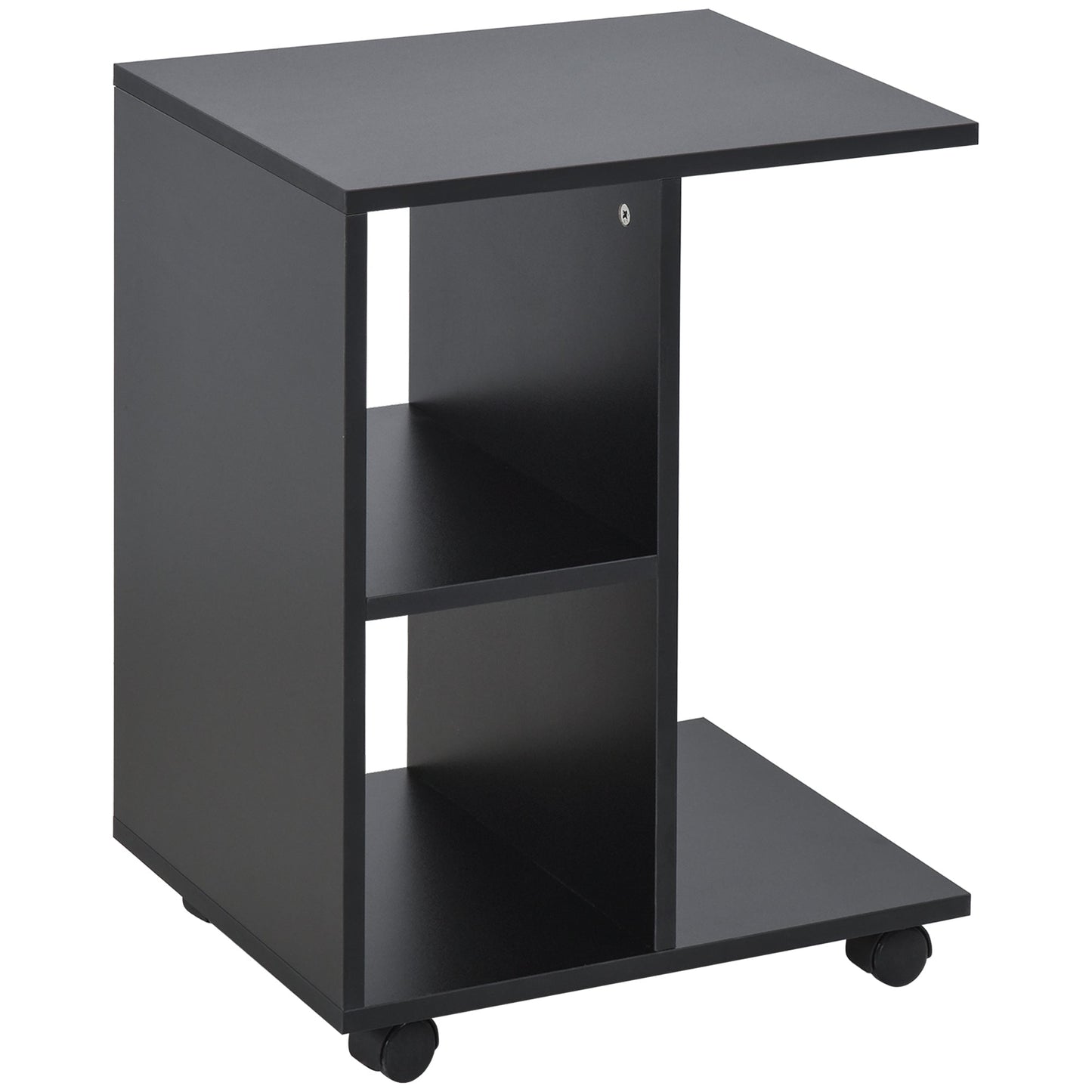 C-Shaped Coffee Table with 2 Open Shelves and 4 Swivel Wheels, 45x35x58 cm, Black