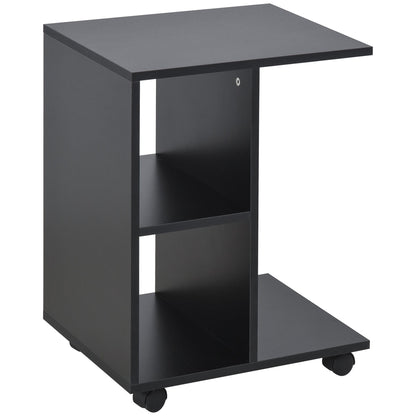 C-Shaped Coffee Table with 2 Open Shelves and 4 Swivel Wheels, 45x35x58 cm, Black