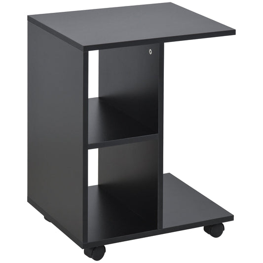 C-Shaped Coffee Table with 2 Open Shelves and 4 Swivel Wheels, 45x35x58 cm, Black