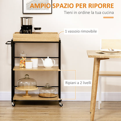 3-Tier Kitchen Cart with Removable Tray and Swivel Wheels, 72x40x94cm, Wood and Black